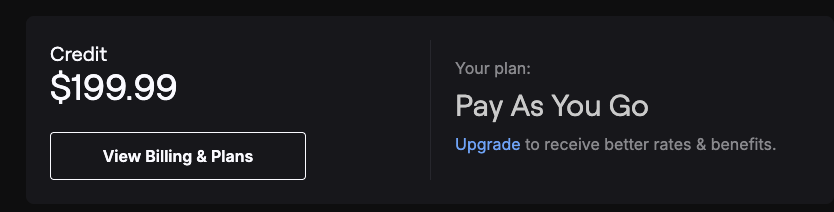 Deepgramの管理画面に表示された残高。クレジットは199.99ドル、プランはPay As You Goと表示されている