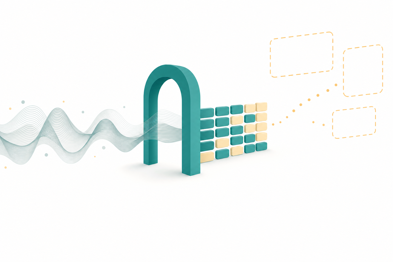 音声の波が teal 色のアーチをくぐり、整然と積まれた四角いブロックの列に変わるイラスト。その先には点線で描かれた空の枠が浮かんでいる。文字は入れず、音声がAPIを通ってデータになり、その先の組み立ては自分に委ねられることを表す
