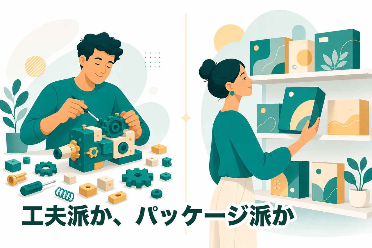 自分でブロックを組み上げてカスタムする「工夫派」と、整えられたパッケージを棚から選ぶ「パッケージ派」を左右に並べた分岐のイメージ
