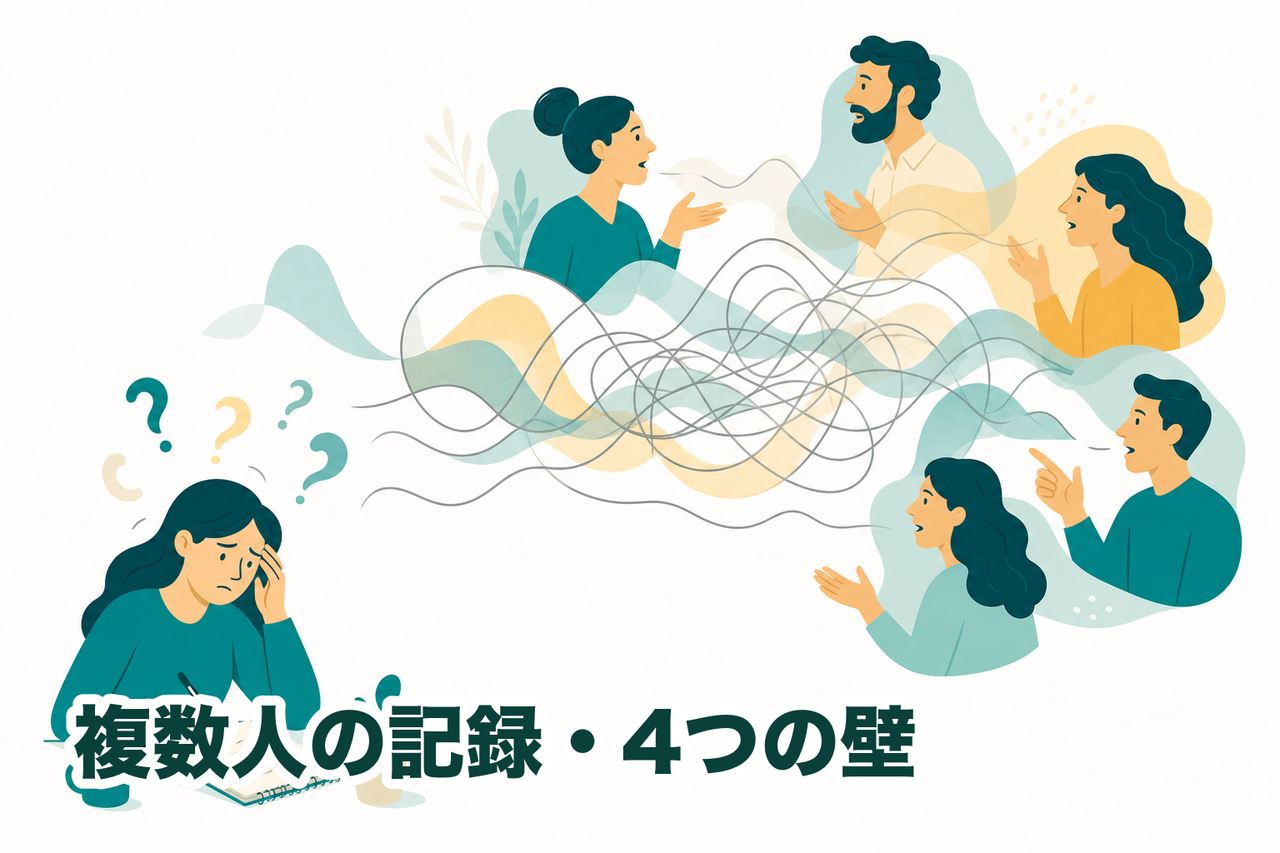 複数人が同時に話して声が混ざり合い、誰の発言か曖昧になってメモが追いつかない、複数人の記録でつまずく壁のイメージ