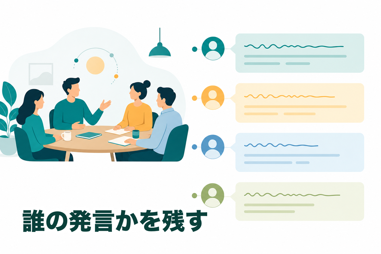 複数人の発言が話者ごとに色分けされたレーンに整理され、誰の意見かが分かれて残るイメージ