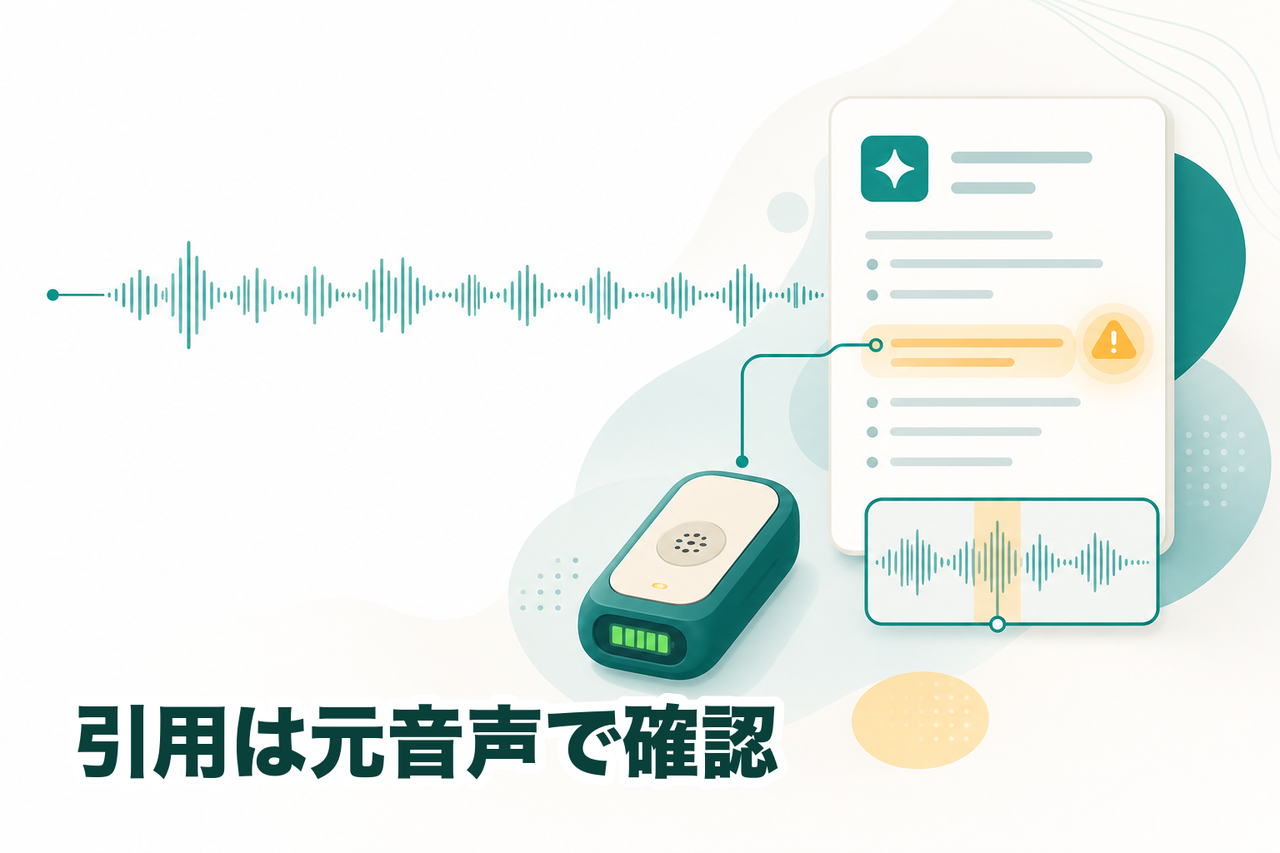 長時間でも止まらない録音の波形と、AI要約の中の固有名詞・数字・引用を元音声と突き合わせて確認するイメージ