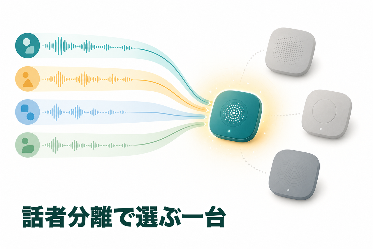 複数人の色分けされた声が一台の録音デバイスにきれいに分かれて流れ込み、話者分離で選ぶ一台が選ばれるイメージ