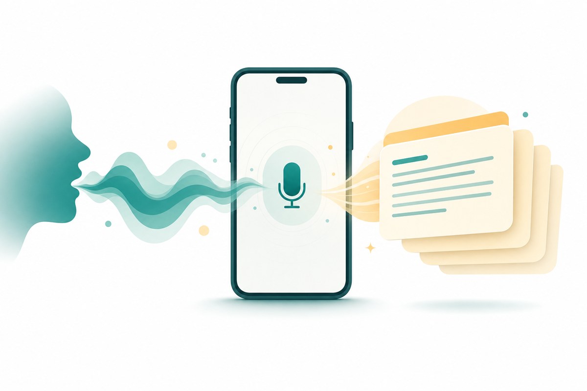 スマートフォン一台で、声がそのまま文字になる様子。iPhone標準の文字起こし・音声入力のイメージ