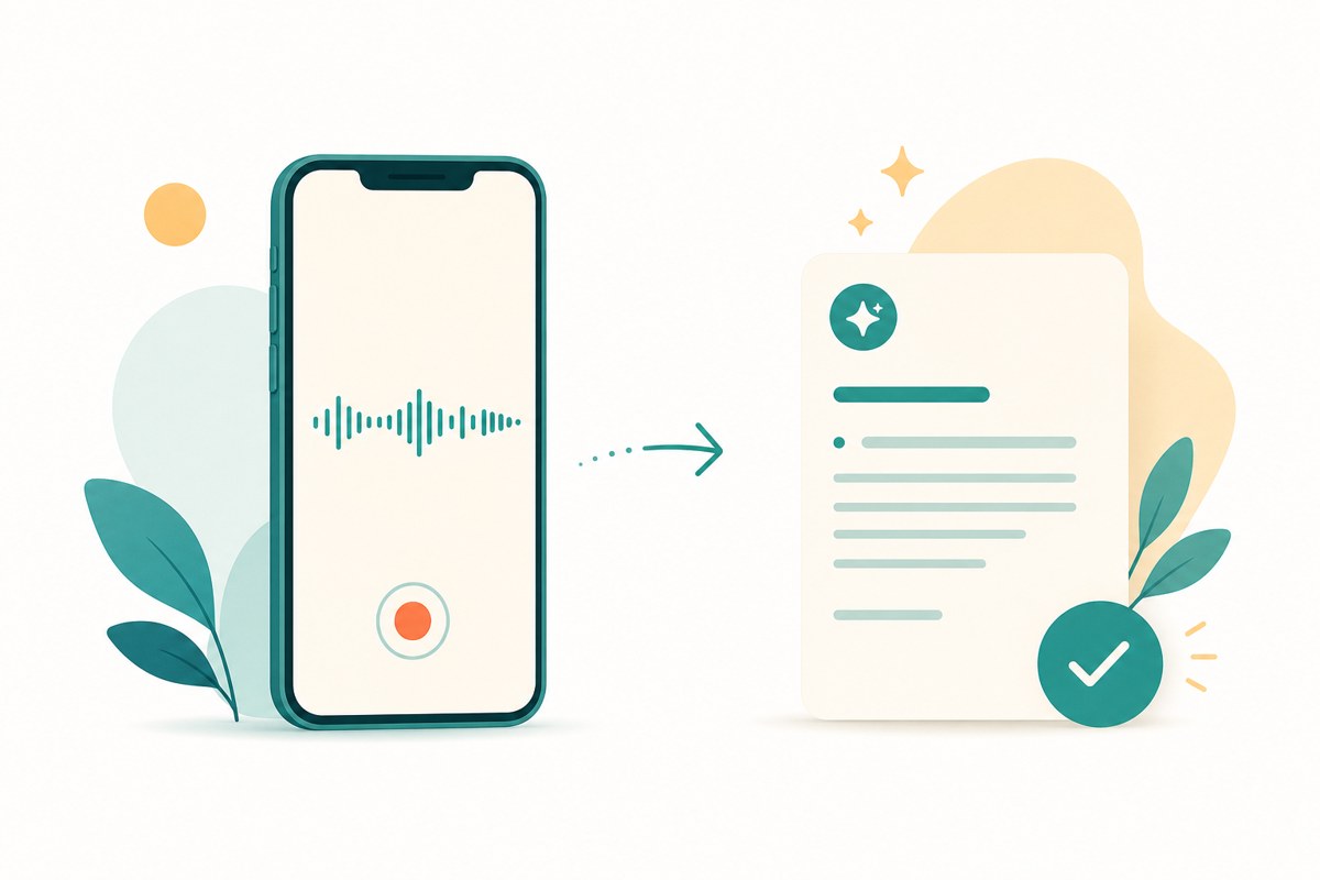 iPhoneのボイスメモで録音すると、自動で文字起こしされてノートにまとまるイメージ