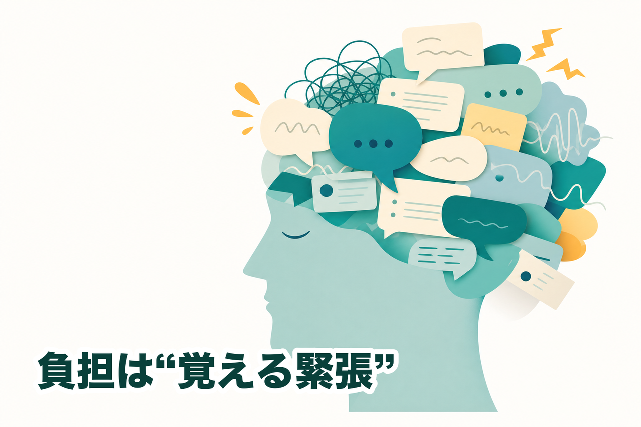 たくさんの会話の断片がひとつの頭に押し寄せ、いっぱいになっていく概念図。負担の正体は覚えておく緊張だと示すイメージ