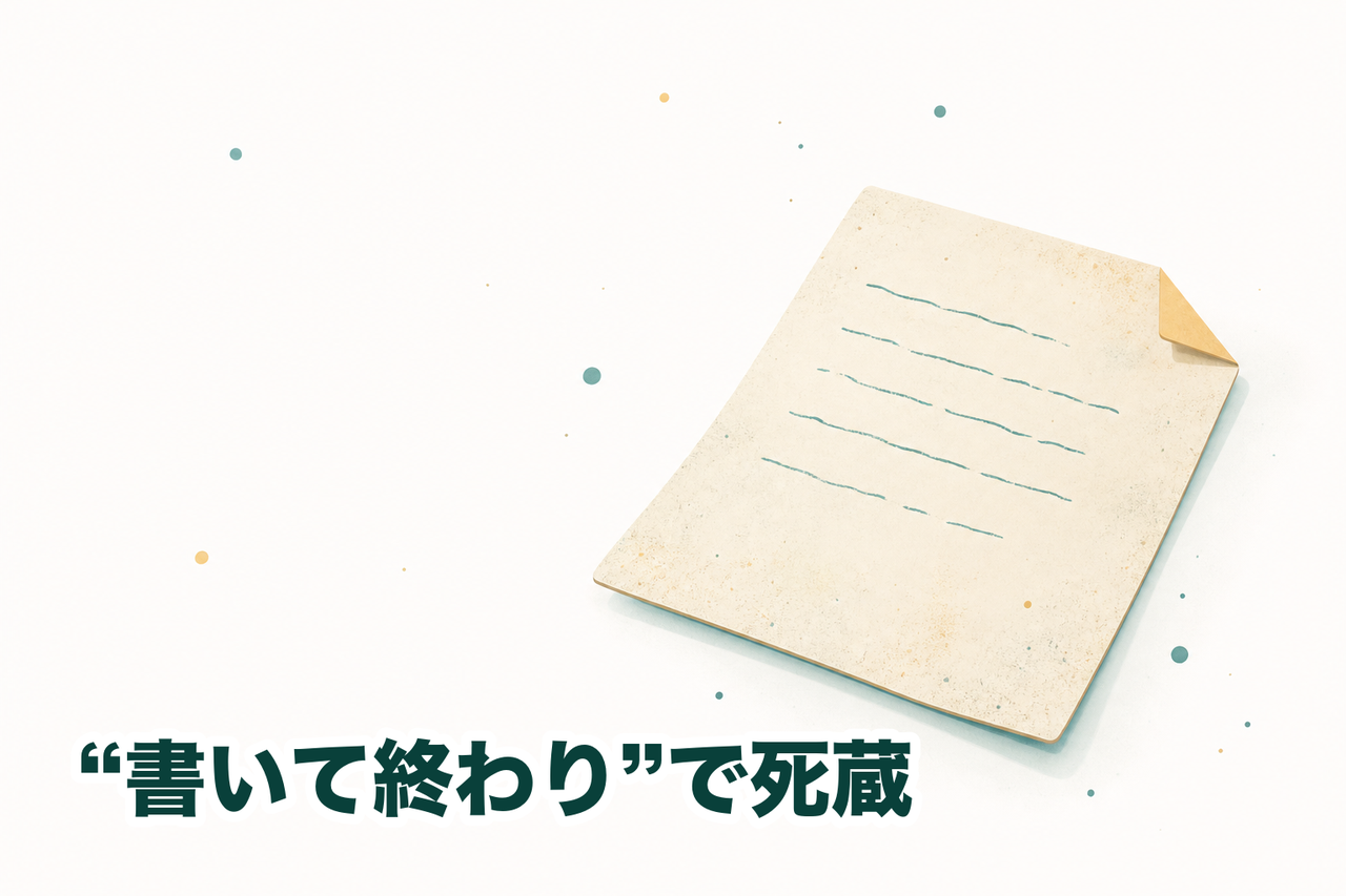 一度書かれたきり読み返されず、ほかとつながらないまま放置されて死蔵していく議事録のイメージ