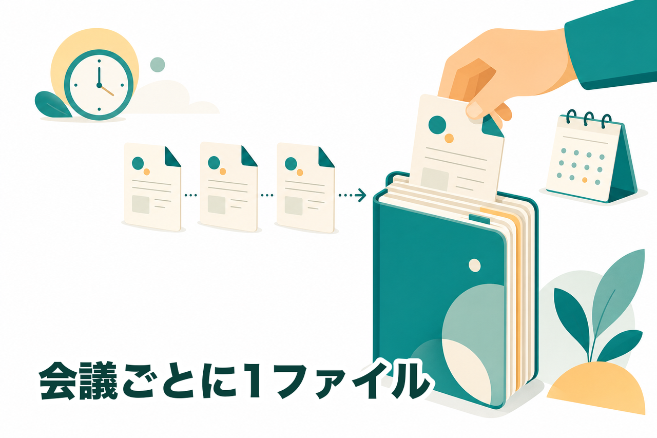 文字起こししたテキストを会議1回ごとに1ファイルで投入し、貯めて事前確認に使う実運用のイメージ