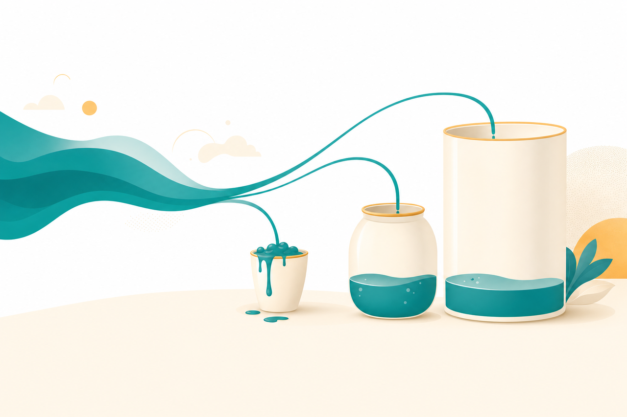 フラットなベクターイラスト。左から流れてくるteal色の音の帯が、大きさの違う3つの容器に注がれている。小さなカップはすぐにあふれ、中くらいの瓶は余裕があり、大きなタンクはまだ空きが大きい。文字は入れず、同じ無料でも入る長さが違うことを表す