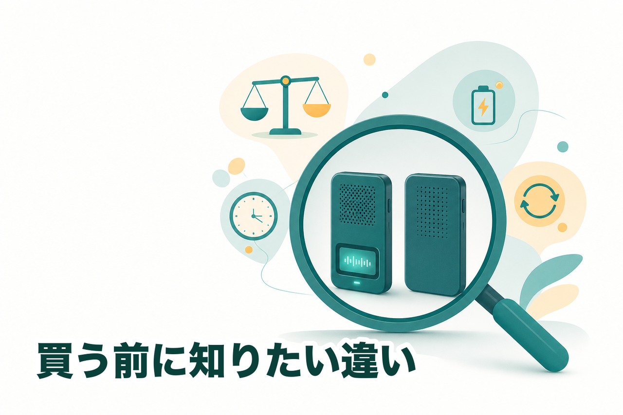 買う前に知っておきたいNotta MemoとPLAUD Noteの違い（録音時間・充電・サブスク）を見極めるイメージ