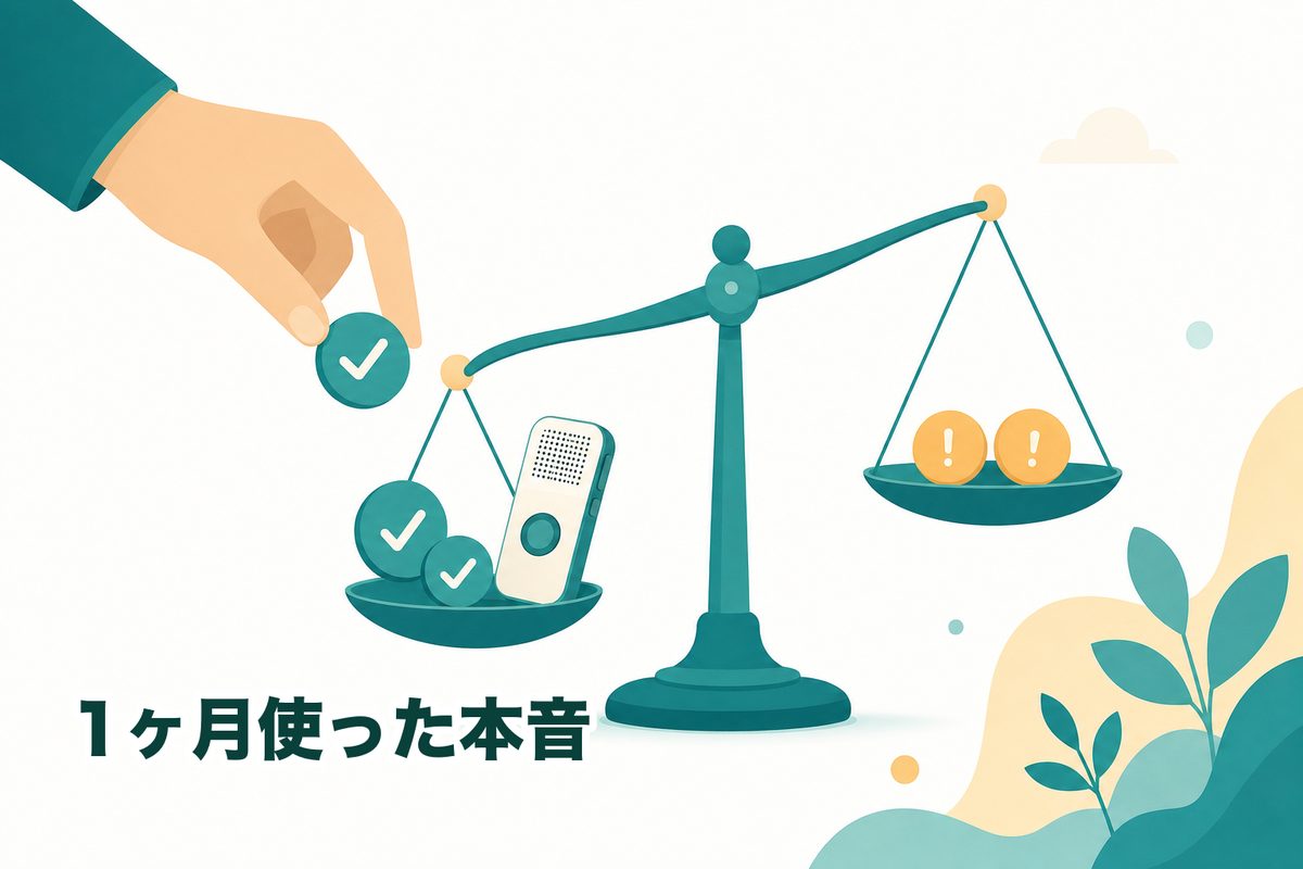 天秤に良い点のチェックと注意点のドットを載せて、正直に量るイメージ