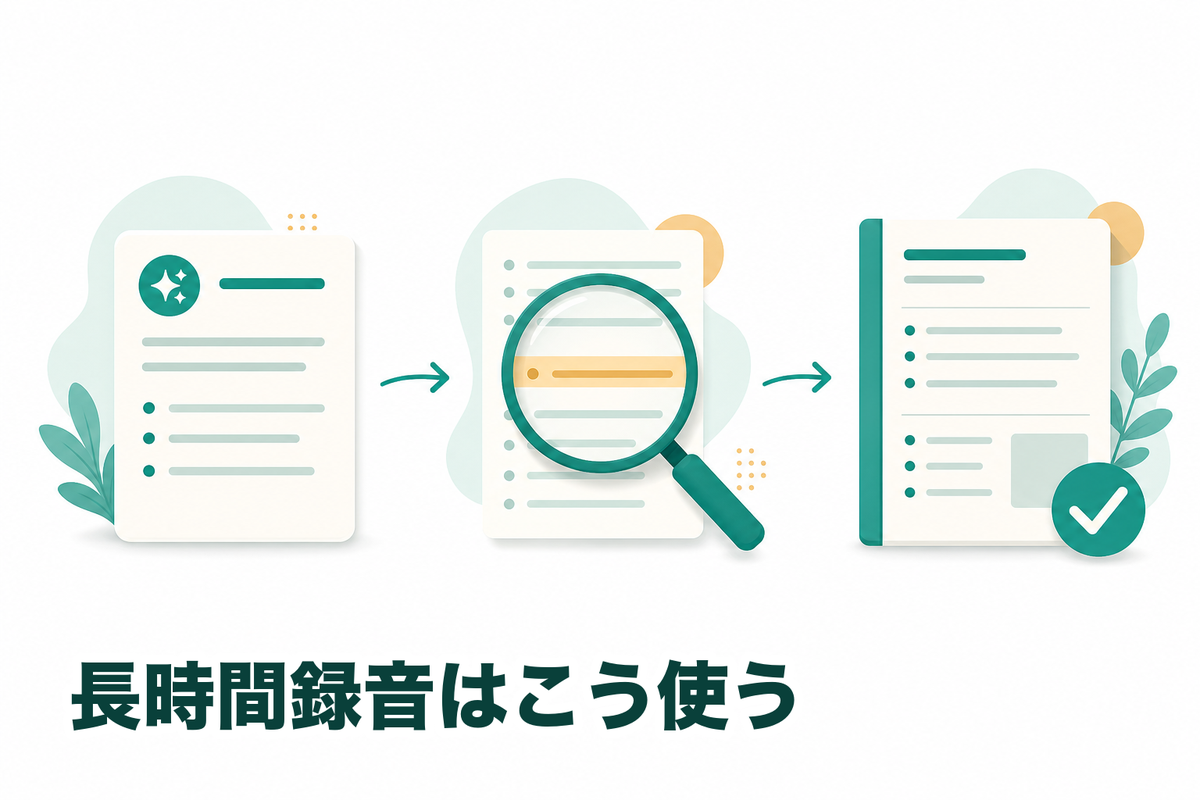 要約で要点をつかみ、固有名詞だけ確認して議事録に仕上げる長時間録音の使い方の3ステップ図