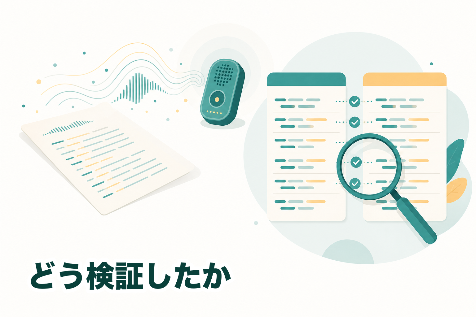 正解の原稿を読み上げて録音し、出力された文字起こしを一語ずつ突き合わせる検証方法のイメージ
