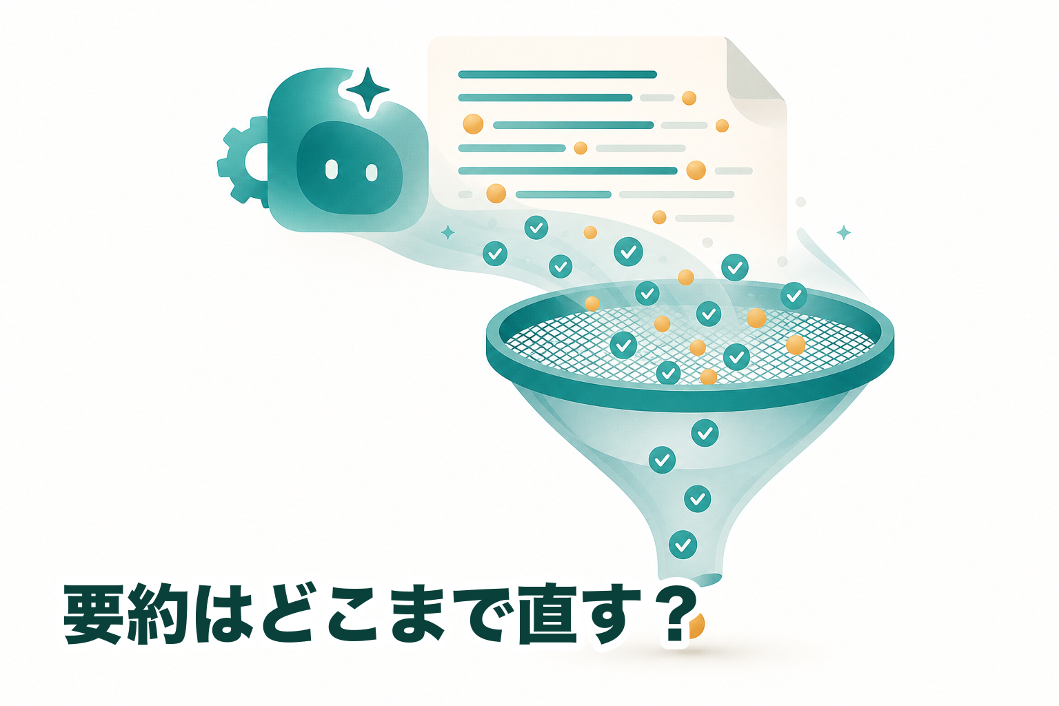 要約ノートが多くの誤変換を直す一方、もっともらしい誤りが1つだけすり抜けてしまうイメージ