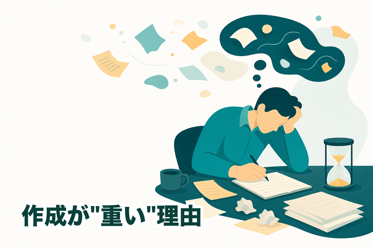 作業を終えてから手を止め、頭の中の手順を思い出してテキストに起こす従来のやり方。砂時計が時間の溶けていくことを示す、マニュアル作成が重い理由のイメージ