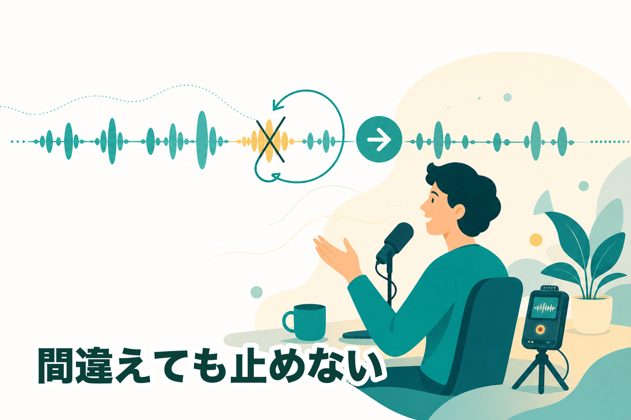 実況中に言い間違えても録り直さず、「そうじゃなくて」と言い添えてそのまま通しで話し続けるイメージ。整えるのはAIの仕事