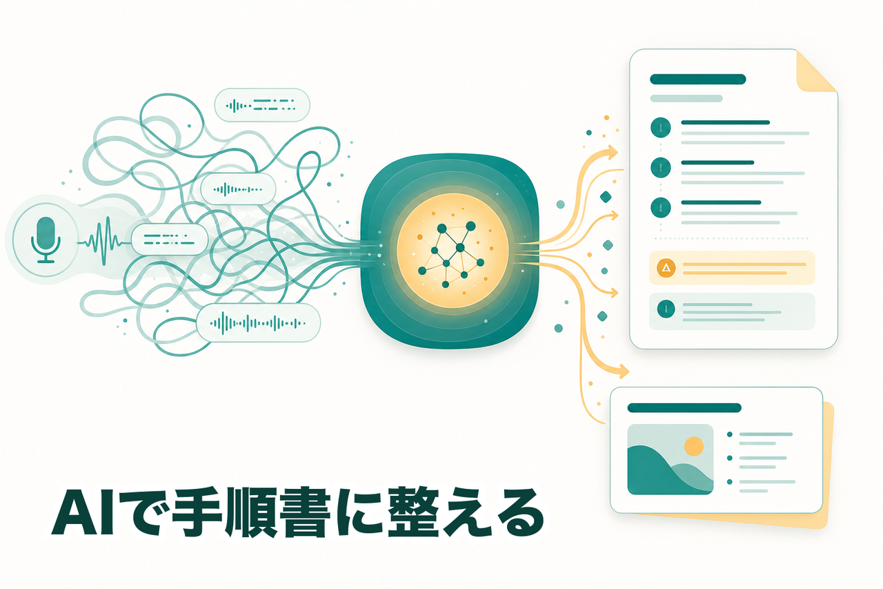 喋り言葉の文字起こしをAIに渡し、手順番号・見出し・注意書きのある手順書へ構造化していくイメージ。Word文書やスライド形式にも出力できる