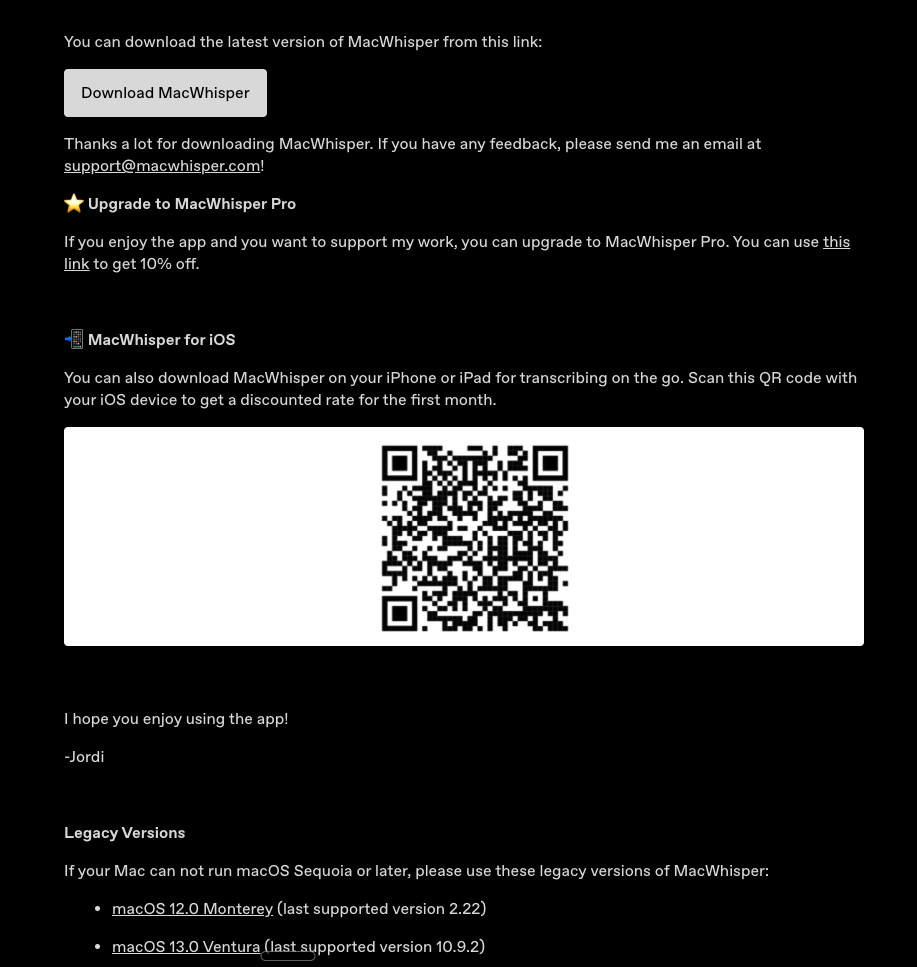 MacWhisperのダウンロードページ。Download MacWhisperボタンが表示されている