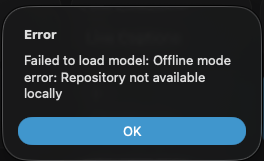 MacWhisperのエラー画面。Failed to load model、Offline mode error、Repository not available locallyと表示されている